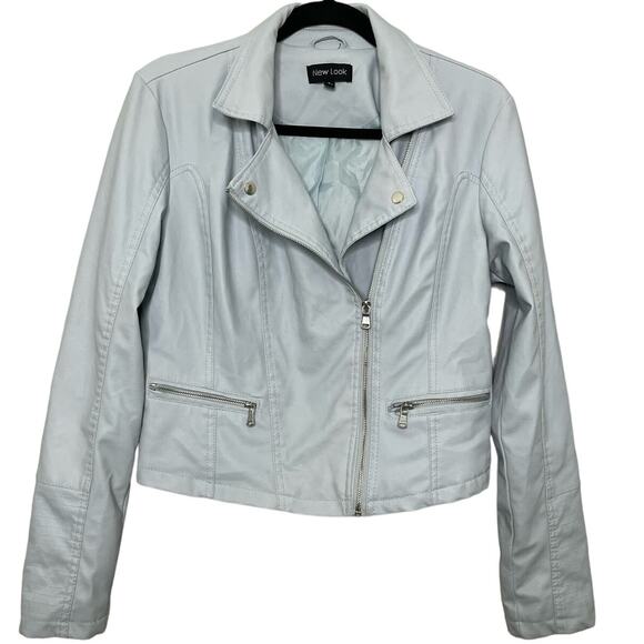 New Look Biker Faux Leather Jacket Zip Front Pockets Collared Long Sleeve Blue L - Picture 1 of 11